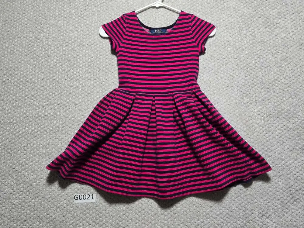 Polo Ralph Lauren Girls Pink and Navy Striped Short Sleeve Fit and Flare Dress